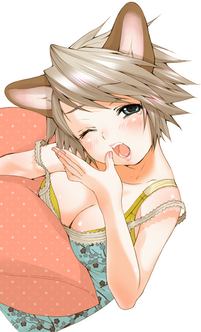 animal_ears blue_eyes blush bra breasts brown_hair camisole cleavage dog_ears eyebrows_visible_through_hair face fangs hands inuburo large_breasts lingerie one_eye_closed open_mouth original pillow short_hair solo underwear yawning