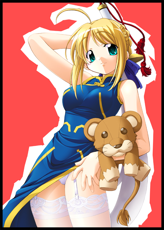 artoria_pendragon_(all) blonde_hair china_dress chinese_clothes dress fate/stay_night fate_(series) garter_belt lace lace-trimmed_thighhighs lingerie lion panties pantyshot pantyshot_(standing) r-gray saber solo standing stuffed_animal stuffed_lion stuffed_toy thighhighs underwear white_legwear white_panties