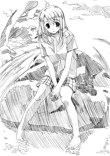 barefoot between_legs checkered checkered_skirt eyebrows_visible_through_hair fate/stay_night fate_(series) feet fujitsuki greyscale hand_between_legs illyasviel_von_einzbern looking_at_viewer lowres medium_hair monochrome sitting sketch skirt solo traditional_media