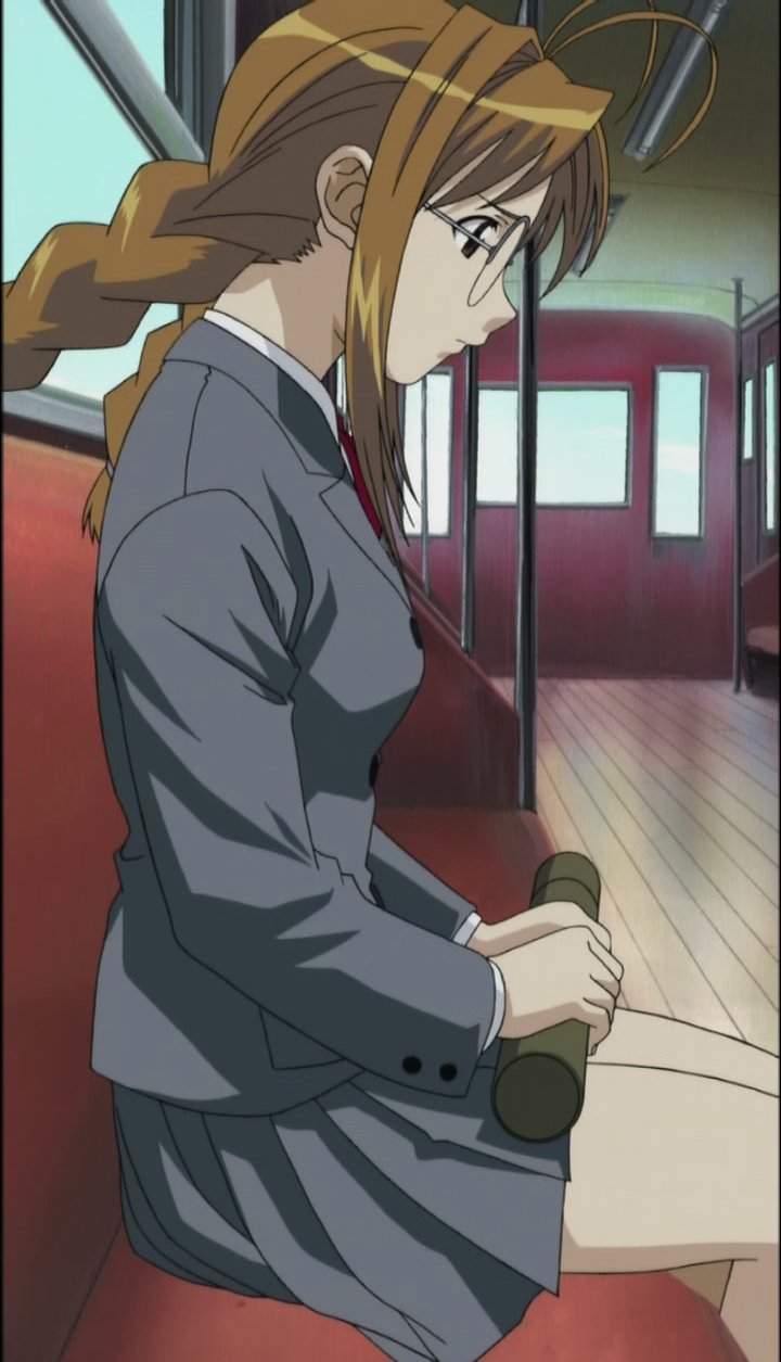 ahoge antenna_hair braid brown_eyes brown_hair closed_mouth from_side frown glasses grey_jacket grey_skirt highres holding jacket long_sleeves looking_down love_hina narusegawa_naru pleated_skirt profile screencap seat sitting skirt solo stitched third-party_edit train_interior twin_braids