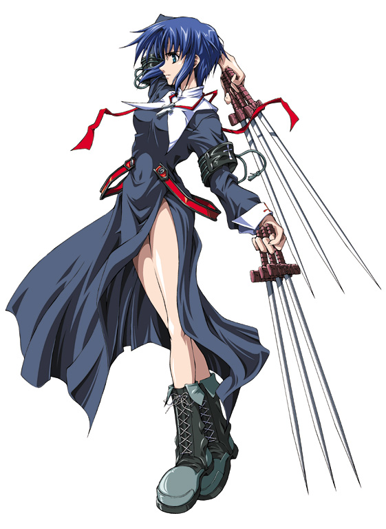 armband artist_request between_fingers black_keys blue_eyes blue_hair boots ciel long_sleeves priestess short_hair solo sword thighs tsukihime weapon