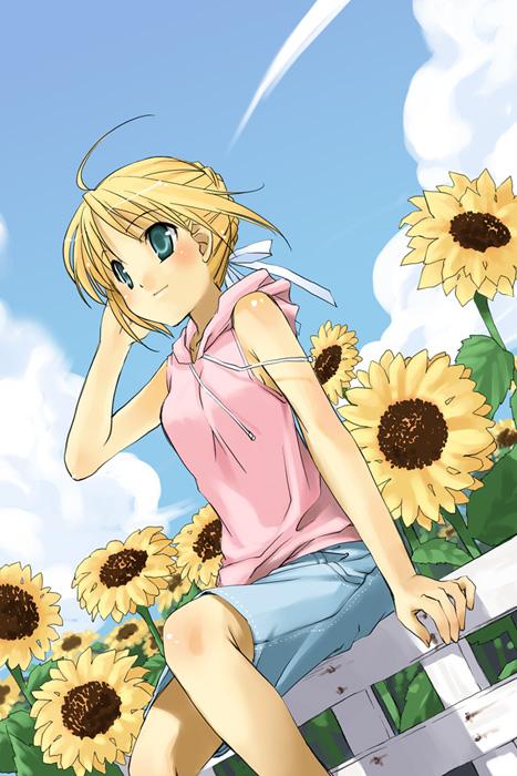 ahoge artist_request artoria_pendragon_(all) bare_arms blonde_hair blue_eyes blue_sky blush casual cloud day denim denim_shorts dutch_angle fate/stay_night fate_(series) fence flower hair_tucking hood hood_down hoodie looking_away on_fence outdoors saber shorts sitting sitting_on_fence sky sleeveless sleeveless_hoodie solo sunflower wooden_fence