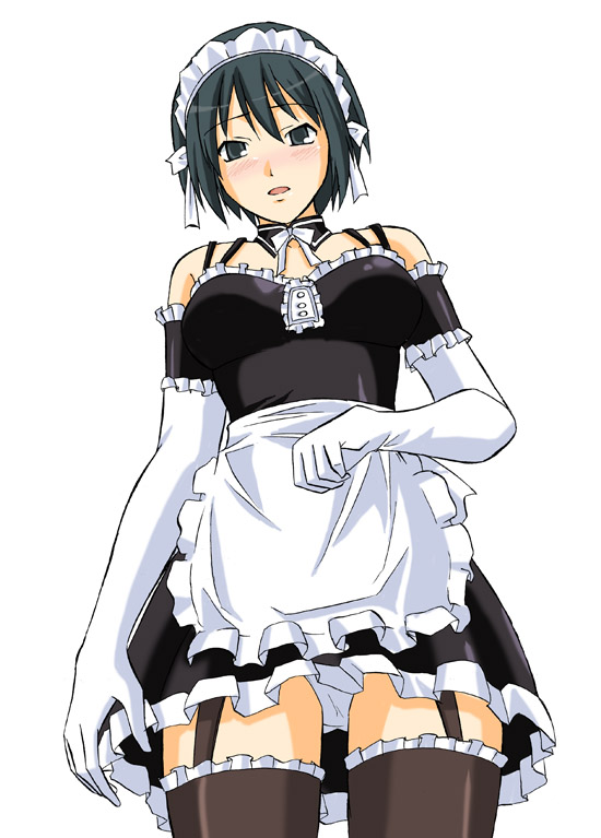 apron arm_garter bare_shoulders black_legwear bonnet choker dress elbow_gloves frilled_legwear garter_belt gloves kore_ga_watashi_no_goshujin-sama maid maid_headdress nakabayashi_yoshitaka's_maid_uniform panties pantyshot pantyshot_(standing) sawatari_izumi solo standing thighhighs toshibou_(satsukisou) underwear upskirt white_gloves white_panties