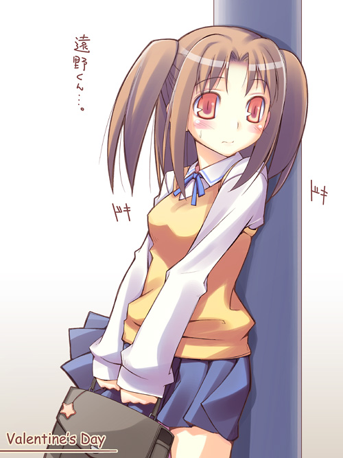 blue_skirt blush long_sleeves pleated_skirt school_uniform skirt solo sweater sweater_vest toruneko tsukihime twintails vest yumizuka_satsuki