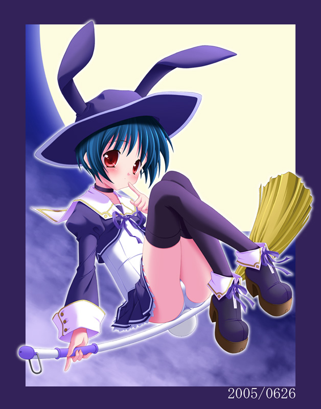 animal_ears black_legwear blue_hair blush broom broom_riding bunny_ears dated finger_to_mouth full_moon jacket looking_at_viewer miniskirt moon original panties pantyshot pantyshot_(sitting) red_eyes ribbon shoes short_hair sidesaddle sitting skirt solo taira_takehiro thighhighs underwear white_panties