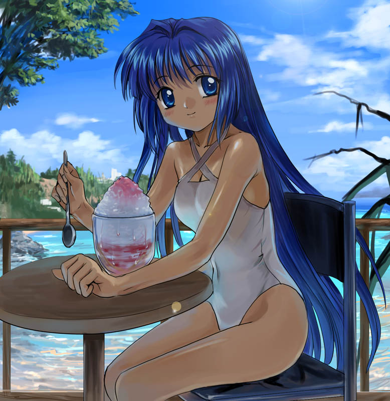 blue_eyes blue_hair breasts casual_one-piece_swimsuit chair cleavage cloud day hair_intakes halterneck holding holding_spoon kanon lens_flare long_hair medium_breasts minase_nayuki mutsuki_(moonknives) ocean one-piece_swimsuit outdoors shaved_ice sitting smile solo spoon swimsuit table tree very_long_hair water