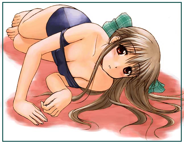 barefoot breasts cleavage hirasaka_makoto kanon kurata_sayuri large_breasts one-piece_swimsuit school_swimsuit solo swimsuit