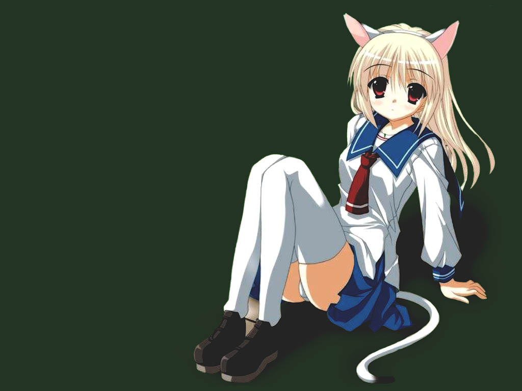 animal_ears artist_request blonde_hair cat_ears copyright_request long_hair long_sleeves pleated_skirt red_eyes school_uniform skirt solo thighhighs