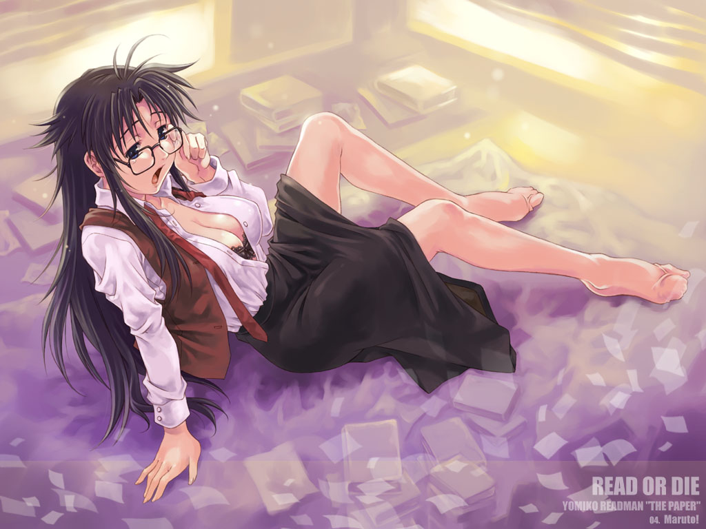 arm_support black_bra black_hair blue_eyes bra breasts cleavage feet glasses large_breasts lingerie long_hair long_sleeves lying maruto! necktie no_shoes on_back open_clothes open_mouth open_shirt pantyhose read_or_die red_neckwear sheer_legwear shirt skirt sleepy solo underwear undone_necktie yawning yomiko_readman