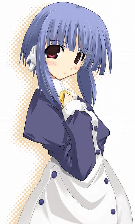 blue_hair blush closed_mouth dress expressionless ilfa long_sleeves naipeta red_eyes robot_ears short_hair sidelocks simple_background solo to_heart_2 white_background white_dress