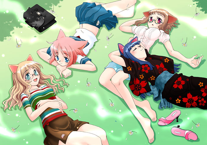 animal_ears arms_behind_head barefoot black_kimono blonde_hair blue_hair cat_ears feet floral_print flower glasses grass high_heels japanese_clothes kimono kuroda_bb lap_pillow long_sleeves lying multicolored multicolored_stripes multiple_girls obi original petals pink_hair pleated_skirt print_kimono sash school_uniform serafuku shirt shoes shoes_removed shorts skirt striped striped_shirt toes yukata