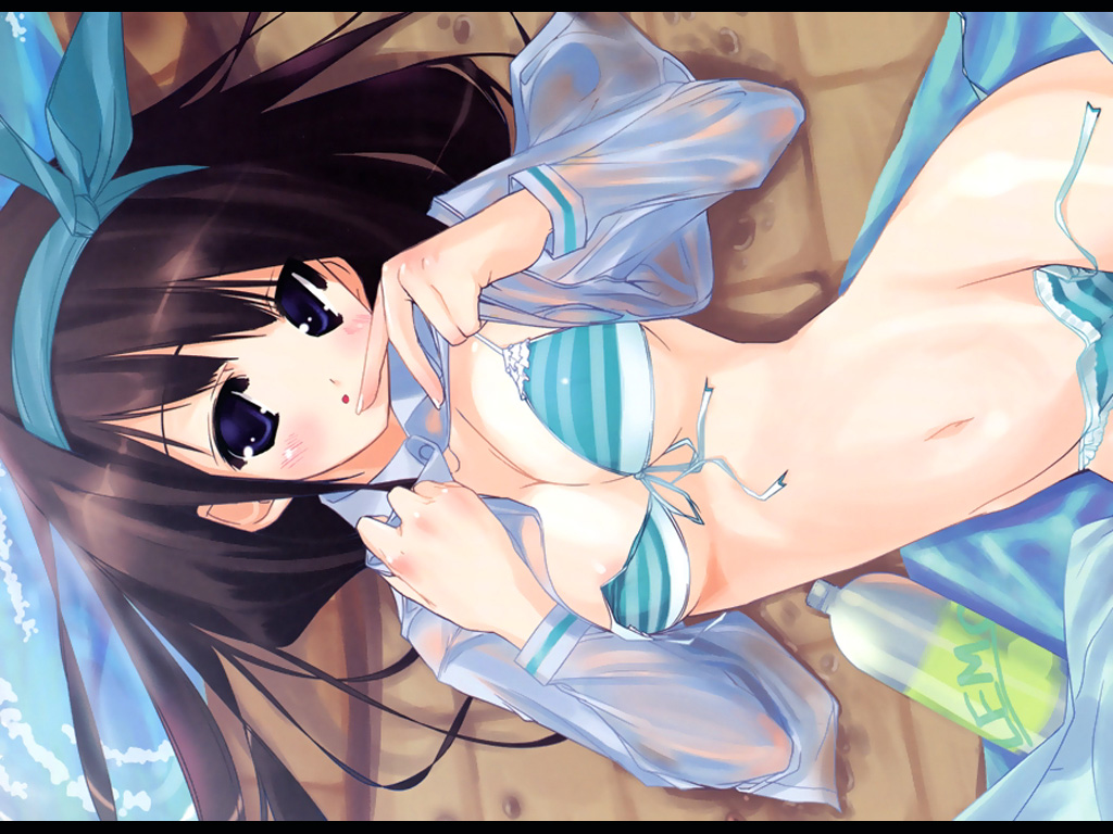 areolae bikini black_hair blue_eyes blush bottle breasts cleavage front-tie_top hair_ribbon hairband long_hair lying open_clothes open_shirt original ribbon shirt side-tie_bikini small_breasts solo striped striped_bikini swimsuit untied untied_bikini urotan wallpaper wet wet_clothes