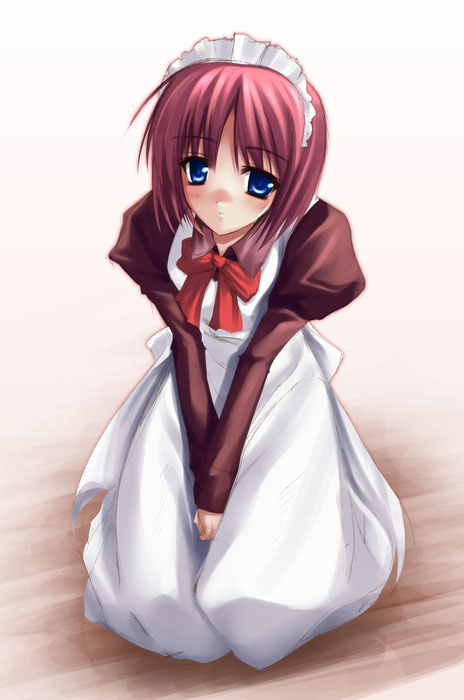 apron artist_request blue_eyes bow hairband hisui kneeling long_sleeves maid pink_hair solo tsukihime