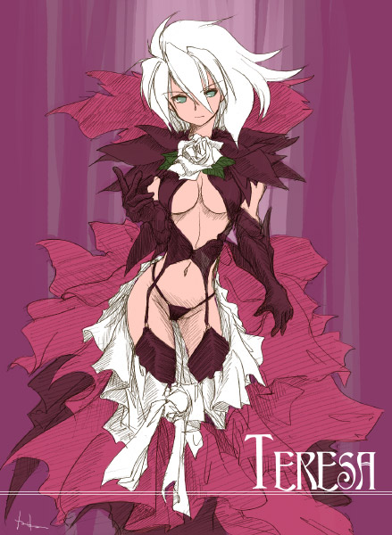 akiyama_nenehisa black_panties breasts character_name cleavage cleavage_cutout elbow_gloves flower garter_belt gloves green_eyes ibara large_breasts panties rose short_hair solo teresa_rose thighhighs underboob underwear white_flower white_hair white_rose