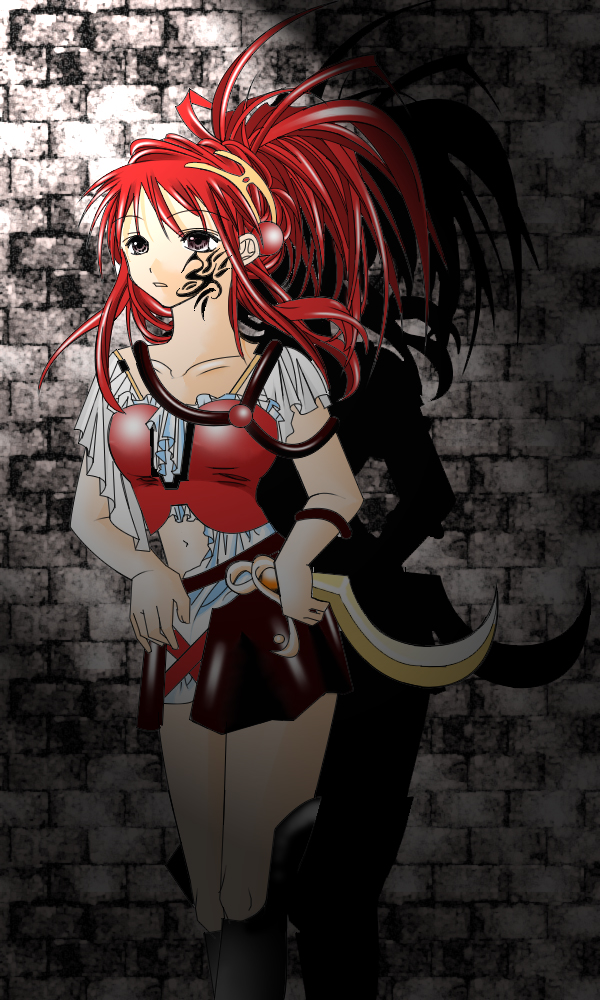 artist_request black_eyes blouse boots copyright_request long_hair miniskirt red_eyes red_hair skirt solo tattoo thigh_boots thighhighs
