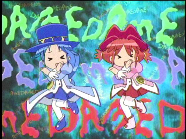 &gt;_&lt; blue_hair boots closed_eyes coat crossed_arms dancing fine fushigiboshi_no_futago_hime hat miniskirt multiple_girls overcoat pantyhose pink_hair red_skirt rein screencap skirt smile standing standing_on_one_leg top_hat twintails