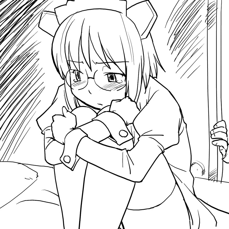2k-tan artist_request glasses greyscale long_sleeves monochrome os-tan solo tears thighhighs