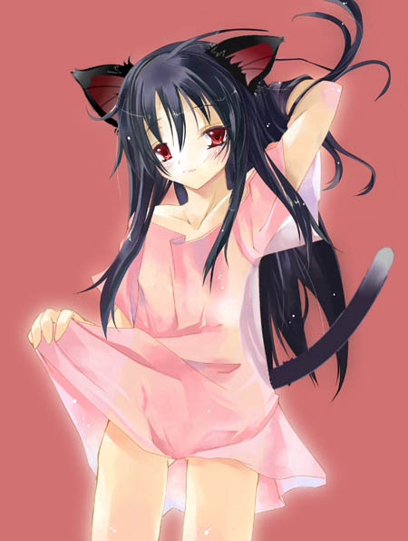 animal_ears arm_behind_back artist_request black_hair cat_ears copyright_request long_hair simple_background skirt skirt_lift solo