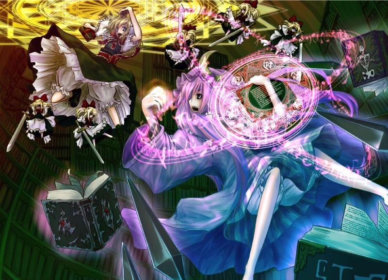 alice_margatroid battle beshi blonde_hair bloomers blue_eyes book bookshelf bow crescent crystal doll dress duel floating_book flying frills hair_bow hair_ribbon hat hexagram library long_hair long_sleeves magic magic_circle multiple_girls necktie open_mouth patchouli_knowledge purple_eyes purple_hair ribbon short_hair sword touhou underwear voile weapon