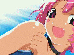 animated animated_gif blush_stickers braid fang lowres nakahara_komugi nurse_witch_komugi-chan one-piece_swimsuit one-piece_tan pink_eyes pink_hair school_swimsuit screencap solo soul_taker swimsuit tan tanline undressing