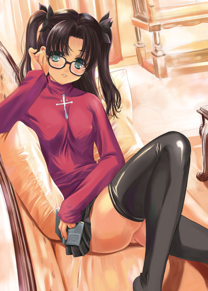 adjusting_eyewear aqua_eyes black_hair black_legwear blush breasts couch covered_nipples cross fate/stay_night fate_(series) glasses hair_ribbon latin_cross leg_up long_hair long_legs long_sleeves medium_breasts miniskirt pillow q-gaku ribbon shiny shiny_clothes sitting skirt solo thighhighs toosaka_rin turtleneck two_side_up zettai_ryouiki