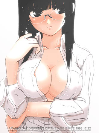 1girl bangs black_eyes black_hair blush breasts closed_mouth collarbone collared_shirt facing_viewer frown glasses hand_in_hair hand_up itokatsu long_hair long_sleeves looking_away looking_to_the_side lowres medium_breasts nose_blush open_clothes open_shirt original rimless_eyewear shirt solo straight_hair sweat text_focus upper_body white_shirt