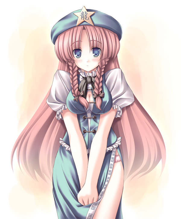 :&lt; artist_request blue_eyes blush bow braid breasts china_dress chinese_clothes cleavage dress hair_bow hands_together hat hong_meiling long_hair medium_breasts own_hands_together panties pink_hair solo source_request star touhou twin_braids underwear v_arms