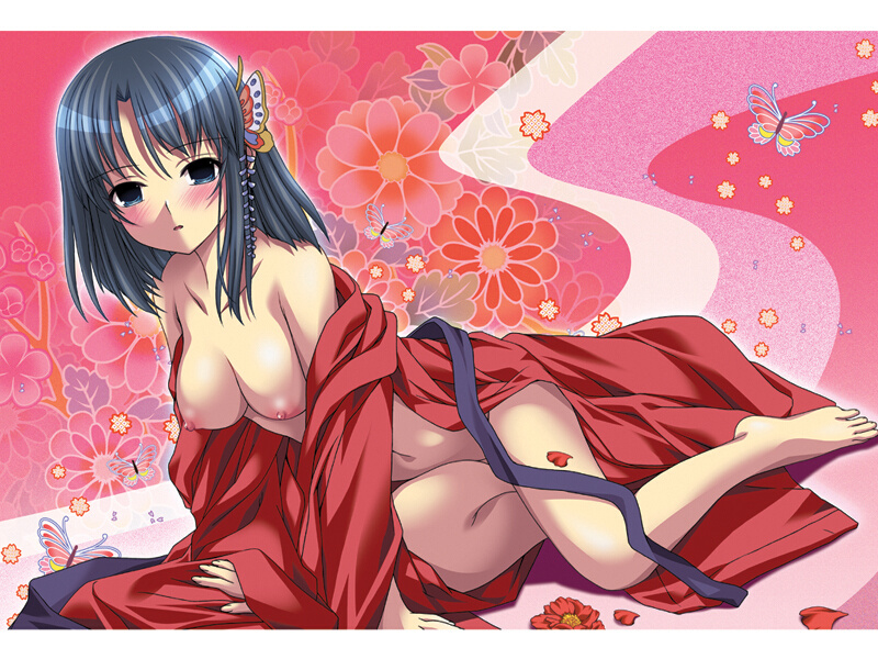 aojiru barefoot black_hair blue_eyes blush breasts bug butterfly chou_no_yume chouko_(chou_no_yume) feet flower hair_ornament hairpin insect japanese_clothes large_breasts long_sleeves nipples off_shoulder open_clothes petals short_hair solo
