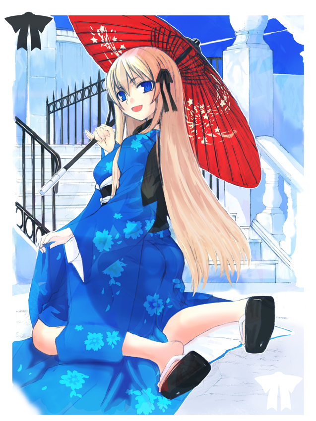 blonde_hair blue_eyes copyright_request hair_ribbon japanese_clothes kneeling long_hair long_sleeves looking_back murasame_ryou open_mouth oriental_umbrella pinky_out ribbon sandals solo stairs umbrella