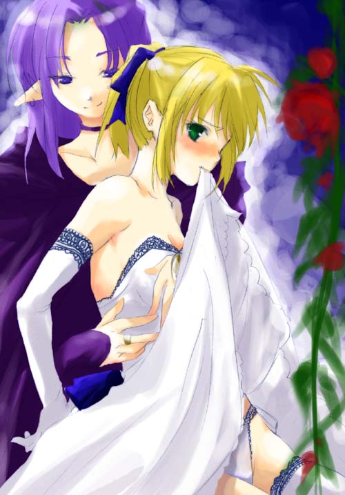 artoria_pendragon_(all) blonde_hair blush caster choker dress dress_in_mouth dress_lift elbow_gloves fate/stay_night fate_(series) gloves gown green_eyes groping holding lace lace-trimmed_panties mikami_mika mouth_hold multiple_girls panties purple_hair ribbon saber strapless thighhighs underwear white_dress white_gloves white_legwear white_panties yuri