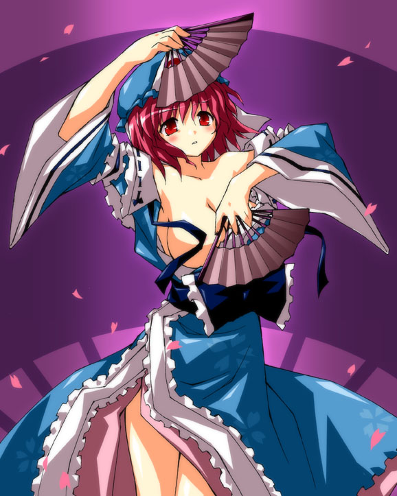 breasts dual_wielding fan folding_fan hat holding japanese_clothes large_breasts long_sleeves petenshi_(dr._vermilion) pink_hair red_eyes saigyouji_yuyuko short_hair solo touhou