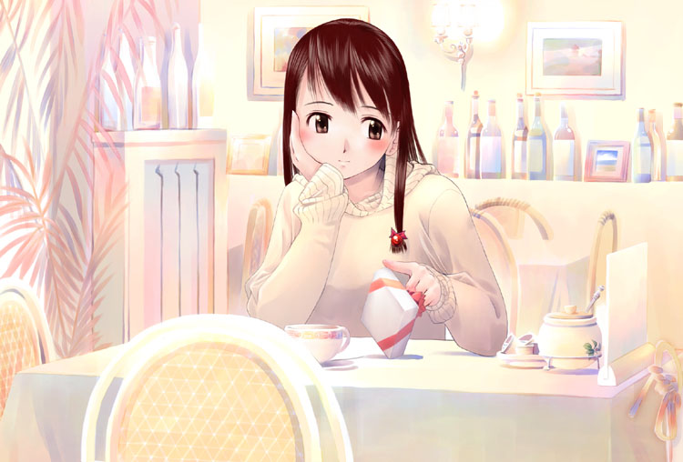 blush brown_eyes brown_hair chair copyright_request cup gift hand_on_own_cheek iuro long_hair long_sleeves plant solo sugar_bowl sweater table teacup waiting