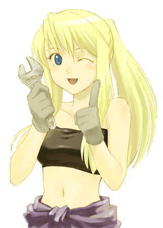 ;d adjustable_wrench bandeau black_tubetop blonde_hair blue_eyes blush clothes_around_waist fullmetal_alchemist gloves holding_wrench index_finger_raised long_hair looking_at_viewer lowres midriff navel one_eye_closed open_mouth ponytail sakaki_kuuya simple_background smile solo strapless tubetop white_background winry_rockbell wrench