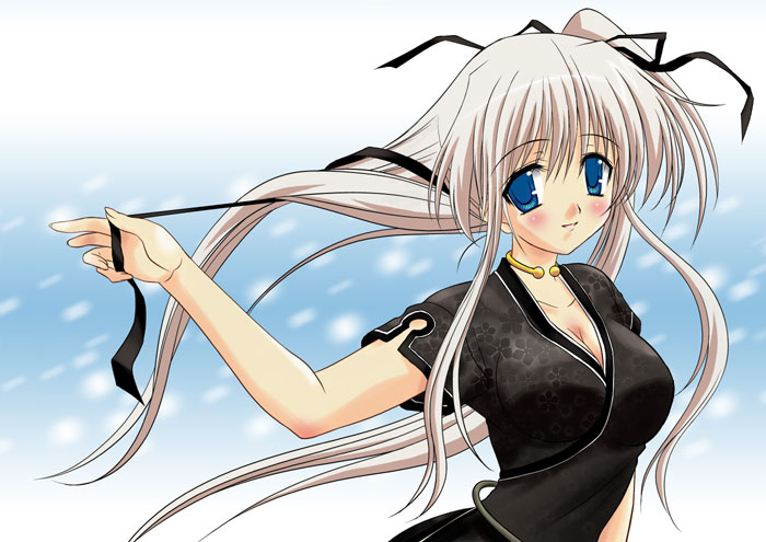 blue_eyes blush breasts china_dress chinese_clothes choker cleavage dress hair_ribbon large_breasts long_hair mabinogi nao_(mabinogi) ribbon sata_(sat) smile solo twintails untied white_hair