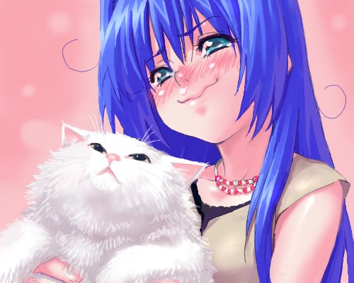 animal blue_eyes blue_hair blush cat green_eyes holding holding_animal kanon long_hair lowres minase_nayuki oekaki solo zen