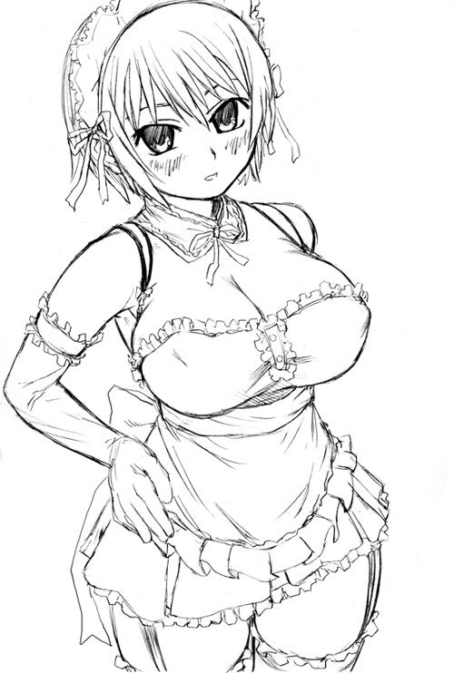 arm_garter asanagi breasts cleavage greyscale huge_breasts kore_ga_watashi_no_goshujin-sama maid monochrome sawatari_izumi sketch solo thighhighs