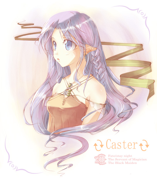 bare_shoulders blue_eyes braid caster character_name copyright_name earrings fate/stay_night fate_(series) jewelry kawakami_shuuichi lavender_hair long_hair looking_away open_mouth pendant pointy_ears ribbon side_braid solo upper_body very_long_hair