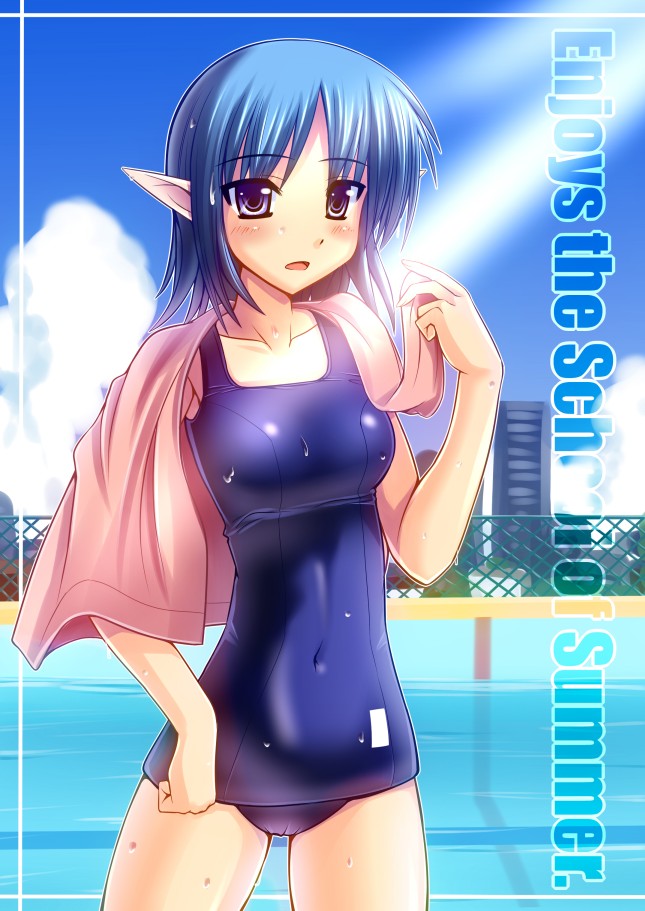 adjusting_clothes adjusting_swimsuit blue_hair blush chain-link_fence cloud covered_navel day elf fence kuurunaitsu light_rays navel one-piece_swimsuit open_mouth original outdoors pointy_ears pool poolside purple_eyes school_swimsuit shiny shiny_clothes shiny_skin short_hair skin_tight sky solo standing sunbeam sunlight surprised swimsuit towel towel_around_neck water wet