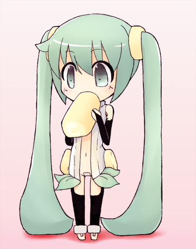anklet barefoot bridal_gauntlets cake chibi eating food green_eyes green_hair hatsune_miku hatsune_miku_(append) jewelry long_hair lowres maebari open_clothes open_shirt pon_(shind_997) shirt solo thighhighs toeless_legwear twintails very_long_hair vocaloid vocaloid_append