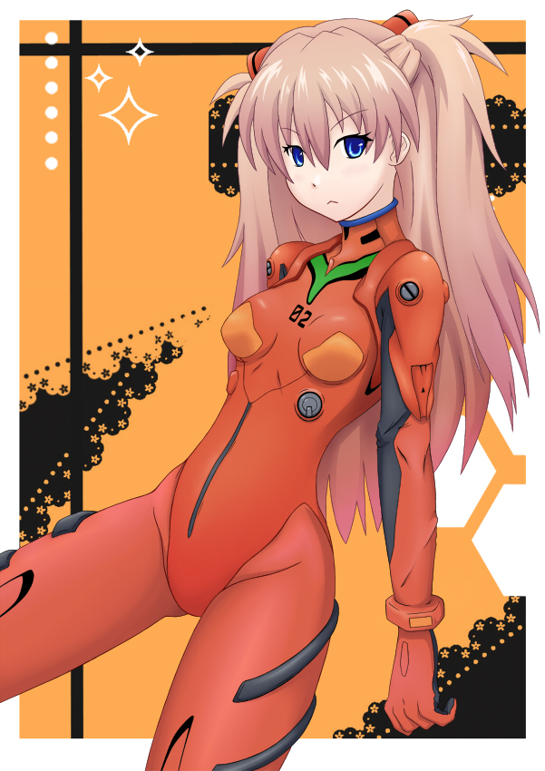 arms_at_sides bad_id bad_pixiv_id bangs blue_eyes blush bodysuit bracer breasts closed_mouth cowboy_shot dutch_angle eyebrows_visible_through_hair from_side frown gloves hair_between_eyes headgear hips legs_apart light_brown_hair long_hair neon_genesis_evangelion number orange_background outside_border pilot_suit plugsuit red_bodysuit seffilia shiny shiny_hair sideways_glance skin_tight small_breasts solo souryuu_asuka_langley standing straight_hair thighs turtleneck two_side_up