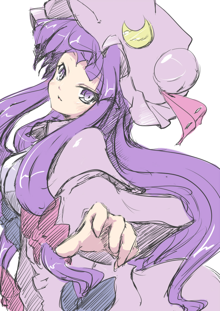 blush bow coo crescent foreshortening hair_bow hat light_smile long_hair patchouli_knowledge purple_eyes purple_hair reaching sketch solo touhou