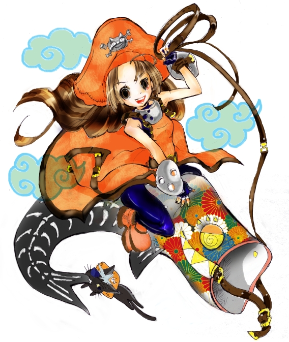 1girl bare_shoulders boots brown_eyes brown_hair cat eyepatch fingerless_gloves gloves guilty_gear hat may_(guilty_gear) orange_hat orange_shirt pantyhose pirate_hat shirt solo