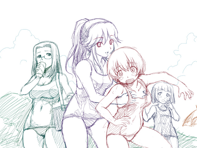 :d :o age_difference bangs blunt_bangs blush_stickers bob_cut breast_grab breasts cameltoe can child cleavage cloud cooler drink drinking everyone flat_chest glasses grabbing groping hand_under_clothes hand_under_swimsuit hitotsubashi_yurie holding kamichu! kotobuki_hajime large_breasts long_hair looking_at_viewer monochrome mountain multiple_girls naughty_face navel one-piece_swimsuit open_mouth outdoors ponytail saegusa_matsuri saegusa_miko school_swimsuit shijou_mitsue short_hair siblings sisters sketch sky smile standing surprised surprised_arms swimsuit yuri