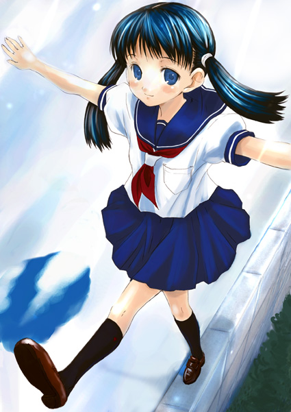balancing black_hair black_legwear blue_skirt brick_wall from_above kneehighs loafers long_hair looking_at_viewer mikazukimo neckerchief on_wall original outstretched_arms pleated_skirt school_uniform serafuku shirt shoes short_sleeves skirt solo spread_arms twintails wall wallwalking white_shirt