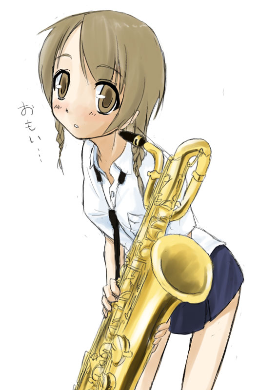 artist_request baritone_saxophone brown_eyes brown_hair instrument leaning_forward looking_at_viewer music original saxophone simple_background solo white_background