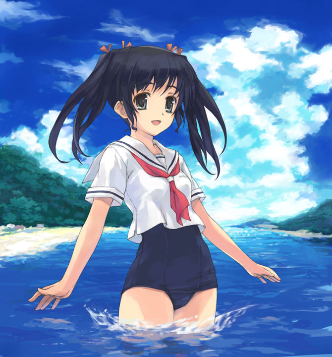 amami_mikihiro cloud day jpeg_artifacts no_pants one-piece_swimsuit original river school_swimsuit school_uniform sky solo swimsuit swimsuit_under_clothes twintails wading water