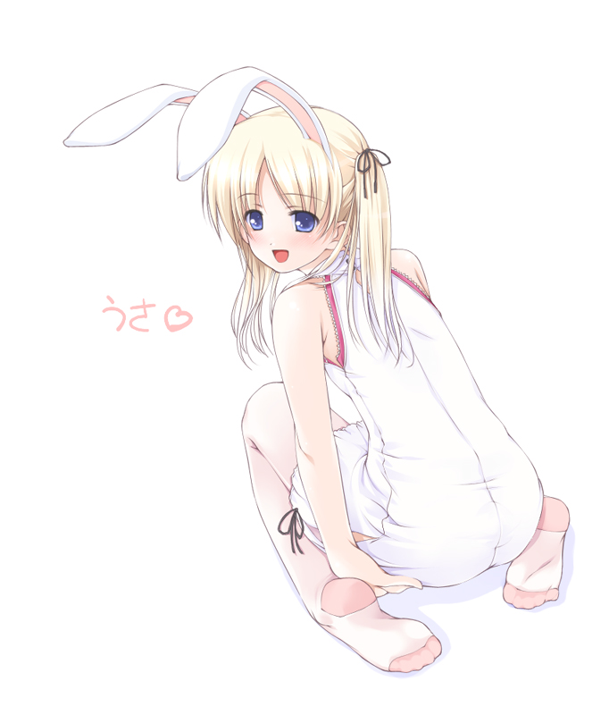 animal_ears bunny_ears copyright_request feet ooji pantyhose pink_legwear socks soles solo thighhighs toes twintails white_legwear