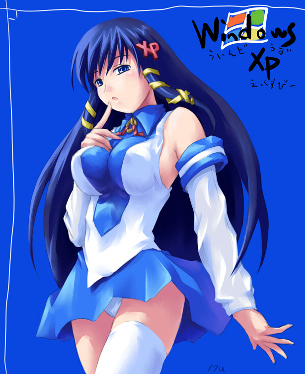 blue_eyes blue_hair blue_skirt breasts detached_sleeves finger_to_mouth hair_ornament hair_ribbon hairclip inayuu_(widematrix) large_breasts long_hair long_sleeves miniskirt open_mouth os-tan panties perky_breasts ribbon shirt skirt sleeveless sleeveless_shirt solo thighhighs tress_ribbon underwear upskirt very_long_hair white_legwear white_panties x_hair_ornament xp-tan