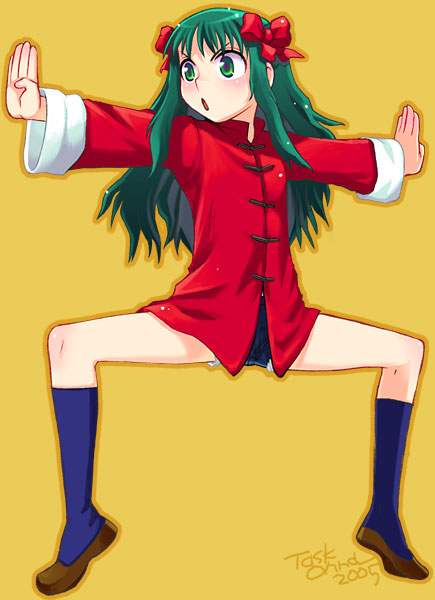 :o arima_miyako blue_legwear bow chinese_clothes fighting_stance green_eyes green_hair hair_bow long_hair long_sleeves melty_blood no_pants outstretched_arms ribbon simple_background slippers socks solo spread_arms tangzhuang task_owner tiptoes tsukihime yellow_background
