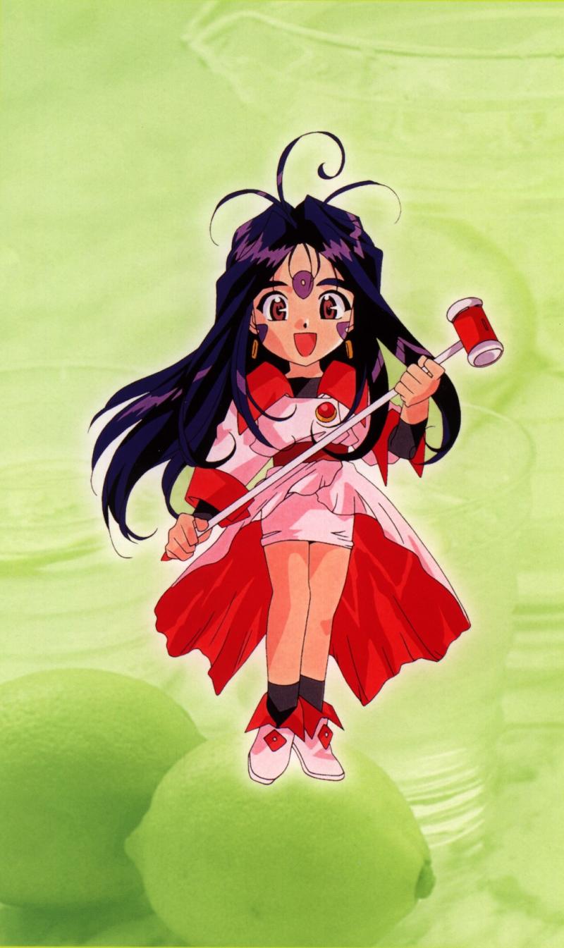 90s aa_megami-sama artist_request chibi facial_mark forehead_mark green_background hammer highres long_sleeves skuld solo